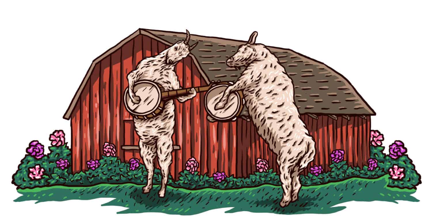 Grateful Goat Farms goats dancing in front of a barn logo
