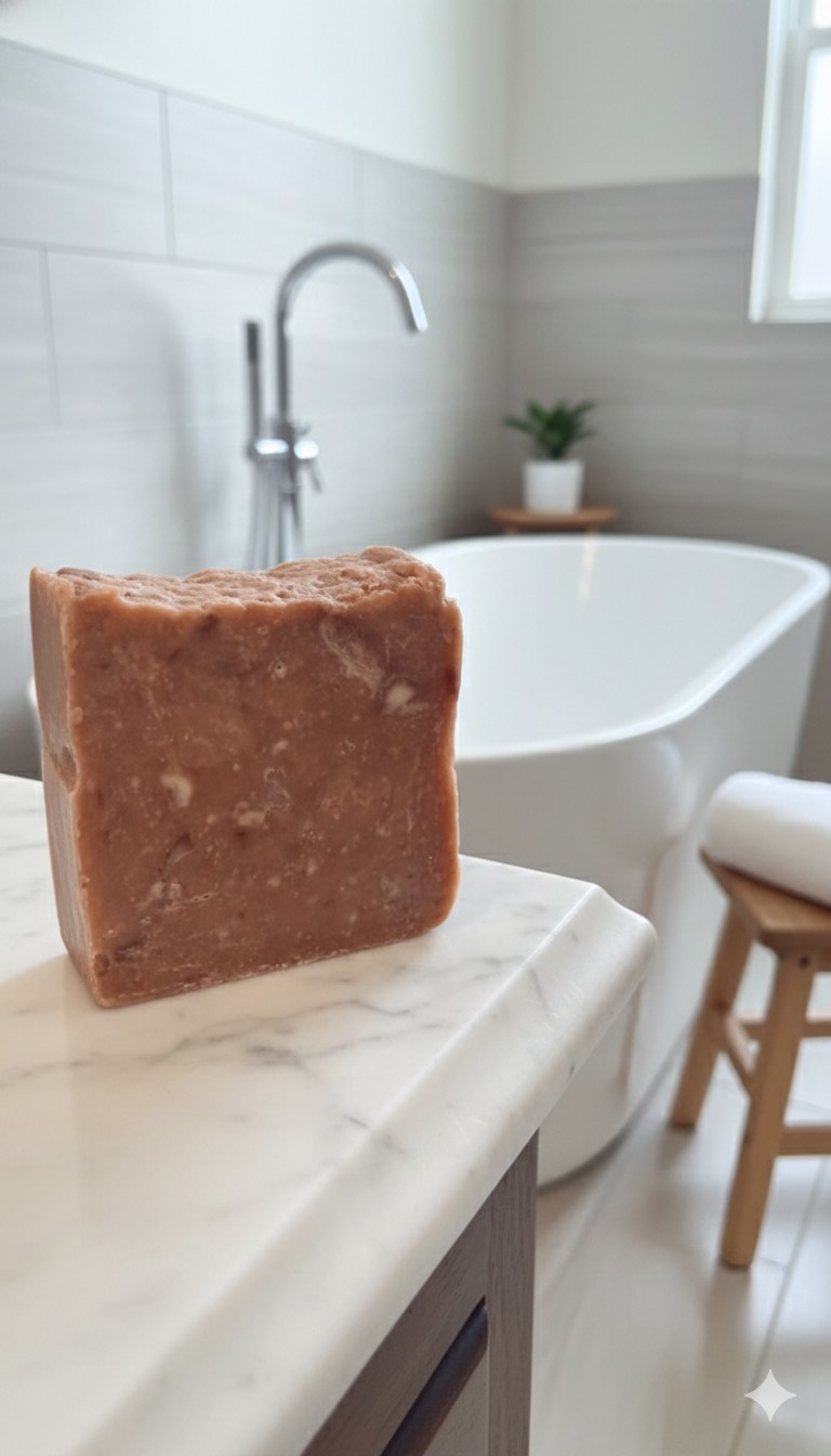 dreamsicle goat soap from grateful goat on a sink counter