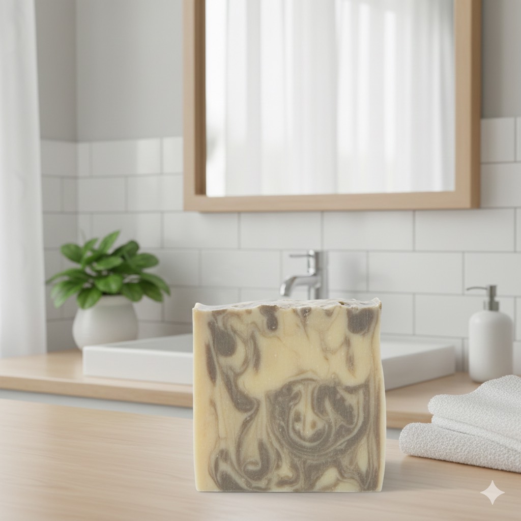 patchouli scented goat milk soap bar on bathroom counter
