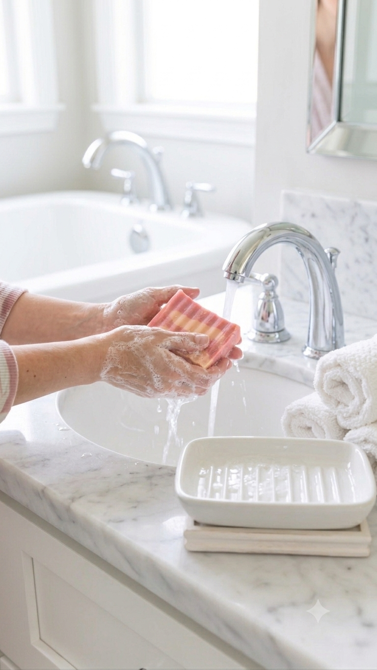Washing hands with plumeria goat milk soap